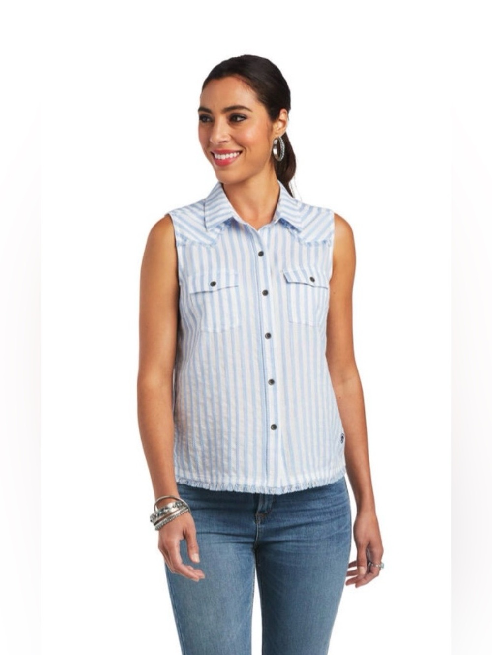 Ariat® women's sleeveless top, the "Boom Boom" shirt, Blue/White stripe